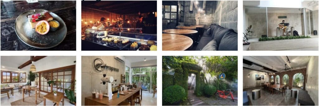 Grid of Chiang Mai cafe interiors and dishes, showing plated food, roastery seating, garden patios and a live musician