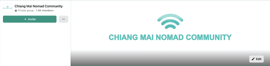 Facebook page for the Chiang Mai Nomad Community private group with a wifi-signal logo, 1.4K members