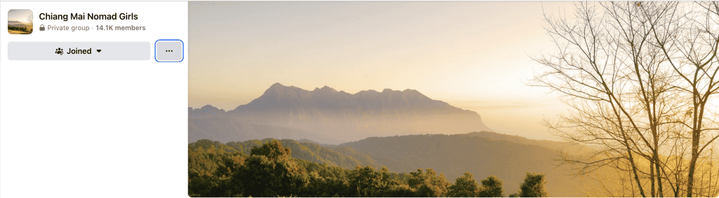 Facebook page for the Chiang Mai Nomad Girls private group with a mountain sunrise cover photo, 14.1K members