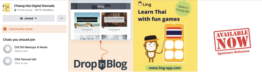 Facebook page for the Chiang Mai Digital Nomads private group, showing 38.7K members
