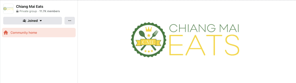 Facebook page for the Chiang Mai Eats private group with its green-and-gold crest logo, 11.7K members