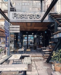 Illustration of Ristr8to's Nimman storefront with sidewalk seating and hanging sign