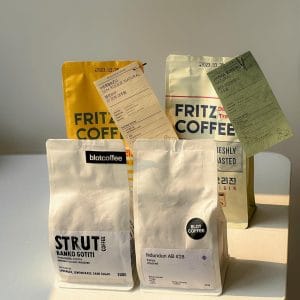 Bags of house-roasted coffee beans on display at Maled Coffee Roasters