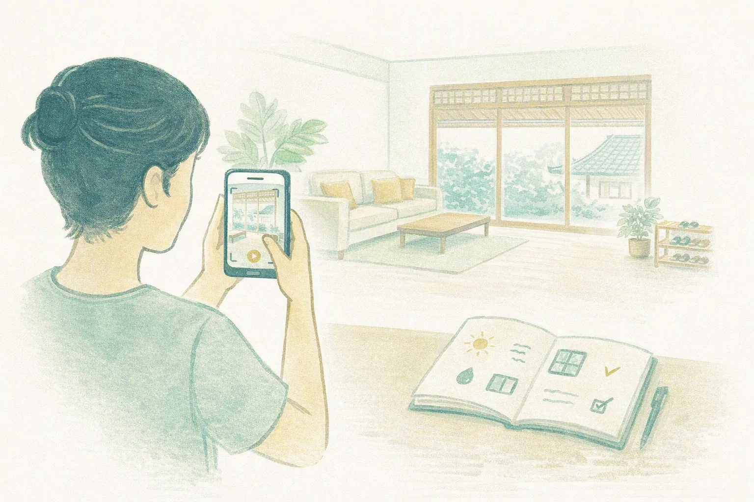 Illustration of an in-person rental viewing, with a phone recording the room and notes to review afterwards.