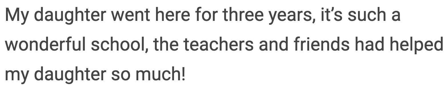 Screenshot of a November 2024 parent comment about a three-year experience at Grace
